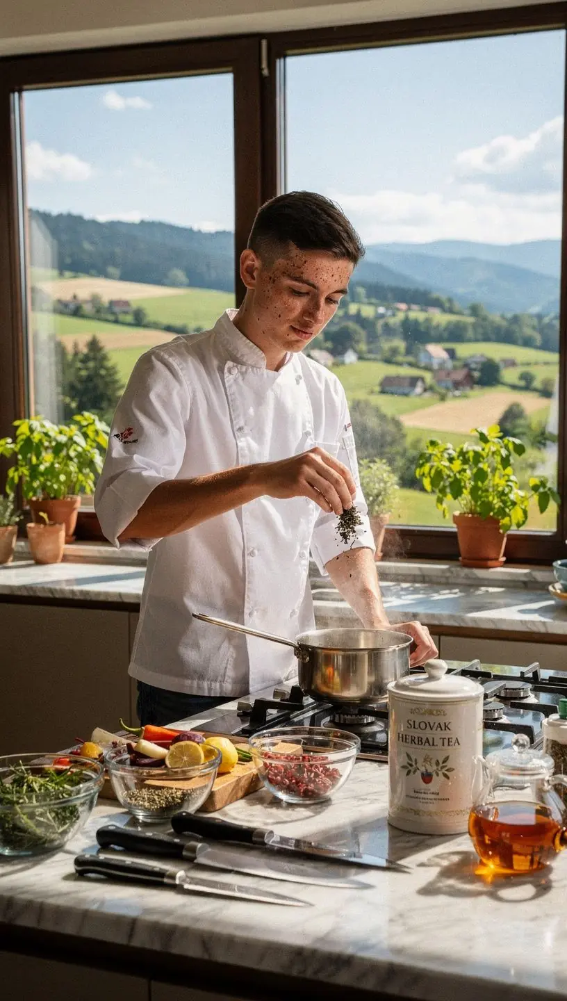 Slovenský čajový rituál s rodinou pri stole, obklopený prírodou